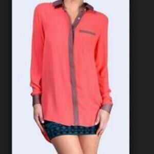 Free People Coral And Brown Button Down Top